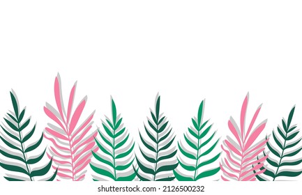 Plants minimalist vector banner. Hand drawn floral, grass, branches, leaves on a white background. Green simple horizontal pattern. Simple flat style. All elements are isolated and editable