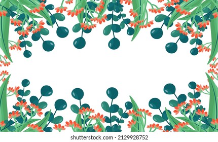 Plants minimalist vector banner. Hand drawn floral, grass, branches, leaves on a white background. Green simple horizontal pattern. Simple flat style. All elements are isolated and editable