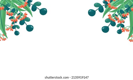 Plants minimalist vector banner. Hand drawn floral, grass, branches, leaves on a white background. Green simple horizontal pattern. Simple flat style. All elements are isolated and editable