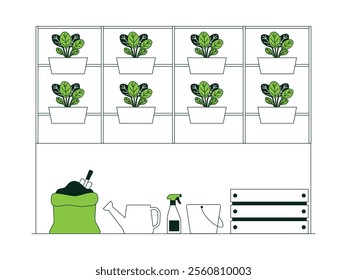 Plants neatly arranged in pots, gardening and plant care equipment available, urban farming vector illustration.