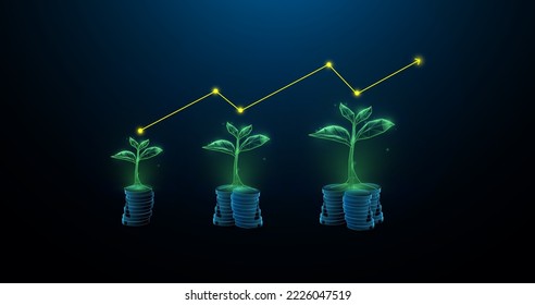 Plants on Coin stacks. Saving, Investment concept. 3D low polygon and Wireframe model design. Vector illustration