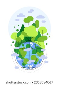 Plantas en el mundo. Planeta verde Tierra. Ilustración plana simple. Archivo vector.