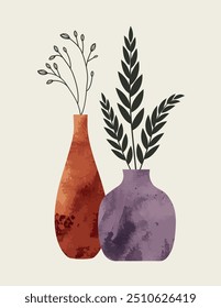 Plantas en jarrones texturizados. Ilustración vectorial