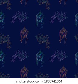 Plants and parrots, pattern for fabric, seamless pattern. Dark background and line drawing.Dark night in the jungle.