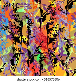 Plants pattern floral seamless meadow grass vector. Vivid leaves pattern colorful stamps of Stems ginger color effect.