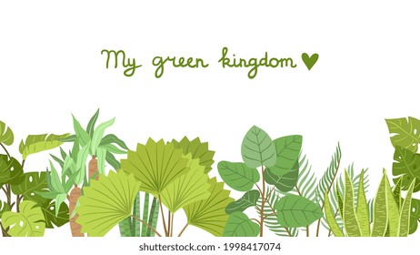 Plants pattern. Green garden plant, home planting. Tropical tree, bushes border design. Palm vector seamless print