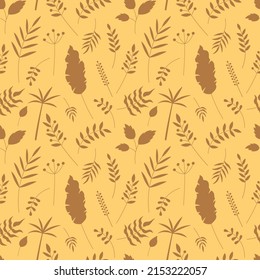 Plants pattern. Vector seamless tiled background with leaves and berries silhouettes. Leaf yellow backdrop.