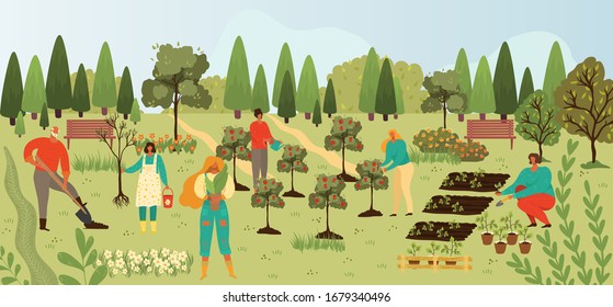 Plants and people gardening, harvesting fruits on trees plantation in summer cartoon vector illusrtration greenery plantation. Gardeners collecting fruits harvest and agriculture, planting at nature.