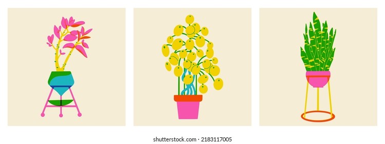 Plants In A Pot. Flowers In Trendy Risograph Print Texture Style. Set Of Hand Drawn Graphic Succulents With Leaves On The Background. Vector Illustration Of Palm Leaf