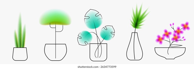 Plants in pot for home or garden in minimal art style. Creative art composition with blurred gradient and simple line elements. Set of bright modern botanical design. 