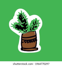 Plants in pot sticker bundle. Hand drawn illustration