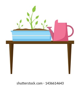 plants in pot watering can table tools gardening flat design vector illustration