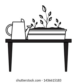 plants in pot watering can table tools gardening flat design vector illustration