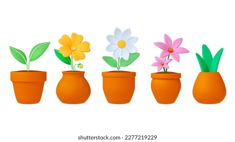 Plants in pots 3d icons. Flowers and leaves, chamomile, lily pot flower. Realistic plasticine daisy in clay vase. Spring summer green garden pithy vector elements