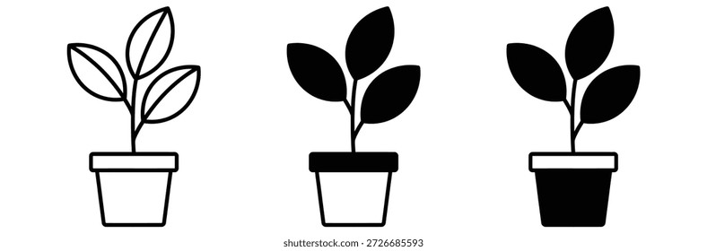 Plantas en macetas con diferentes estilos de sombreado, crecimiento de plantas en maceta. Icono simple de una planta en maceta, que simboliza el crecimiento, el progreso y los nuevos comienzos.