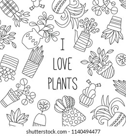 Plants in pots doodle line cute banner vecto template