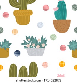 Plants in pots hand drawn seamless vector fill. Cute childish drawing. Baby wrapping paper, textile, vector illustration 