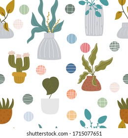 Plants in pots hand drawn seamless vector fill. Cute childish drawing. Baby wrapping paper, textile, vector illustration 