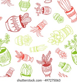 Plants in pots, houseplants seamless vector pattern.
