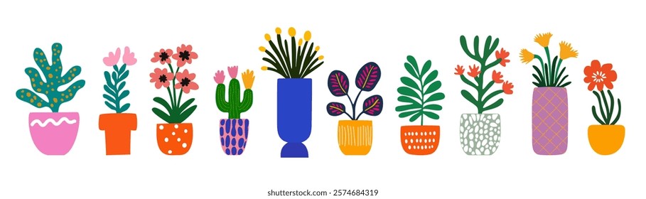 Plants in pots llustration set. Modern botanical illustration with succulents, flowers papercut style with playful vibrant colors, inspired by children’s drawing and naive art. Scandinavian poster