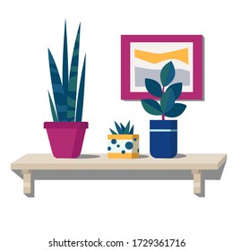 Plants in pots on the shelf on the white background vector illustration
