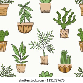 Plants in pots vector pattern in doodle  style. Succulents, cacti and other house plants in geometric pots. Seamless background.