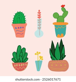  plantas en colección en maceta. plantas de moda y de casa. Arte vectorial dibujado a mano. Conjunto de Vector de plantas de interior de la casa