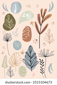 Plantas em estilo boho primitivo, cores pastel, desenhado à mão.