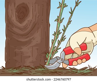 Plants pruning. The human hand in gardening glove trim the gardening plant. The human hand with gardening scissors. Vector illustration. 
