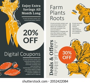 Plants and roots, farm products on reduced price. 20 percent off using digital coupons. Buying food and ingredients online. Promotional banner, poster with discounts and sales. Vector in flat style