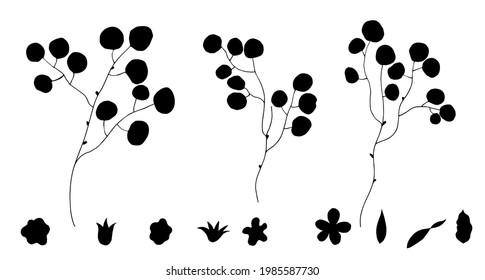 Plants with round leaves and flowers. Black silhouette. Vector illustration.