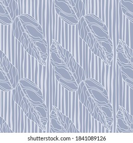 Plants seamless doodle pattern with outline leaves ornament. Contoured abstract foliage on striped background. Blue pastel color palette. For fabric design, textile, wrapping. Vector illustration