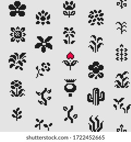 Planta sin fisuras, texturas de tela. Diferentes tipos de plantas y flores de arte píxel estilo de 1 bit, ilustración vectorial aislada. Activos de juego. Diseño de elementos para tejer, logo, bordado.