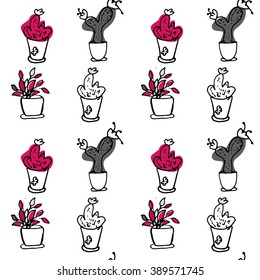Plants seamless pattern. succulent, cactus. Hand drawn illustration
