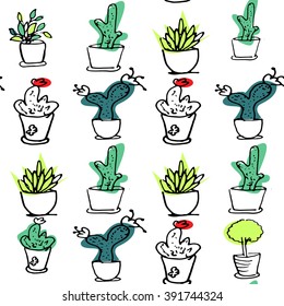 Plants seamless pattern. succulent, cactus. Hand drawn illustration