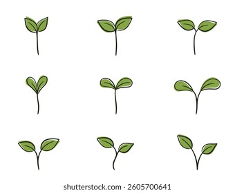 Plants seedling set. Sprouts with two leaves. Planting, germination and nature design elements. Isolated vector images