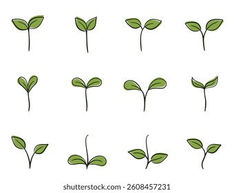 Plants seedling with two leaves set. Green sprouts. Planting, germination and nature design elements. Isolated vector images