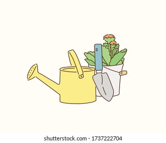 Plants and seedlings in pots with gardening tools. Hand drawn style vector design illustrations.