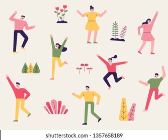 Plants with a sense of spring and exciting characters. flat design style minimal vector illustration