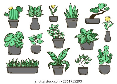Pflanzen in flachem Cartoon-Design. Diese flache Design-Illustration präsentiert eine wunderbare Pflanzensammlung und eignet sich somit perfekt für Projekte und Präsentationen zum Thema Natur. Vektorgrafik.