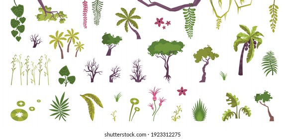 Plantas colocadas con íconos planos aislados de árboles de flores de selva y matorrales con lianas y mosa ilustración vectorial