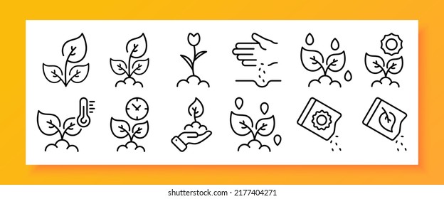 Plants set icon. Ecology, eco, leaf, leaves, flower, seeds, temperature, thermometer, clock, soil, hand, water. Nature concept. Vector line icon for Business and Advertising.