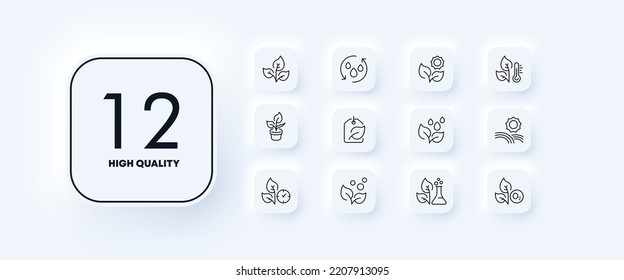 Plants set icon. Green, leaf, ecology, grow, gardening, label, clock, oxygen, flower, sun, chemistry, leaves, pot, thermometer, garden, water drops, eco, temperature. Nature concept. Neomorphism style