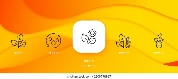 Plants set icon. Leaves, leaf, circular arrow, water drop, flower, sunflower, thermometer, temperature, pot, garden, crop vegetarian. Nature concept. Infographic timeline with 5 step. Vector line icon