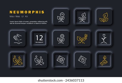 Plants set icon. Plant and its transmission, sprout, flower, waiting for growth, seeds, sowing, watering, lighting, temperature. Agricultural business concept. Neomorphism style. Vector line icon