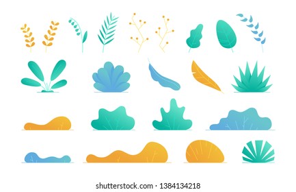 Plants set isolated. Flat style. Leaves, flowers, bushes and trees. Modern trendy minimalistic and simple design. Bright summer, spring colors. Cartoon style. Floral background. Vector illustration.