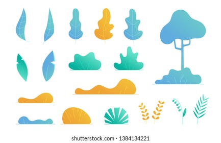 Plants set isolated. Flat style. Leaves, flowers, bushes and trees. Modern trendy minimalistic and simple design. Bright summer, spring colors. Cartoon style. Floral background. Vector illustration.