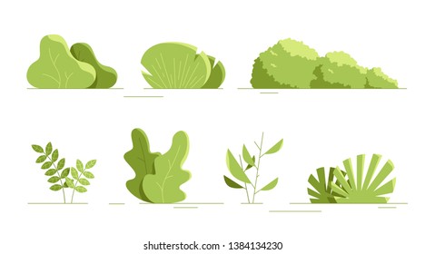 Plants set isolated. Flat style. Leaves, flowers, bushes. Modern trendy minimalistic and simple design. Bright green summer, spring colors. Cartoon style. Floral background. Vector illustration.