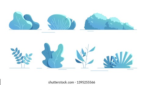 Plants set isolated. Flat style. Leaves, flowers, bushes and trees. Modern trendy minimalistic and simple design. Blue fantasy color. Cartoon style. Floral background. Vector illustration.