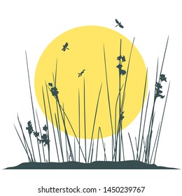 Plants silhouettes and flying insects on sunset background. Wall sticker. Vector illustration.